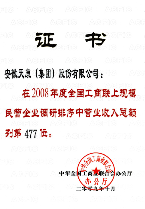 全国工商联民企第477位(集团公司08年度)