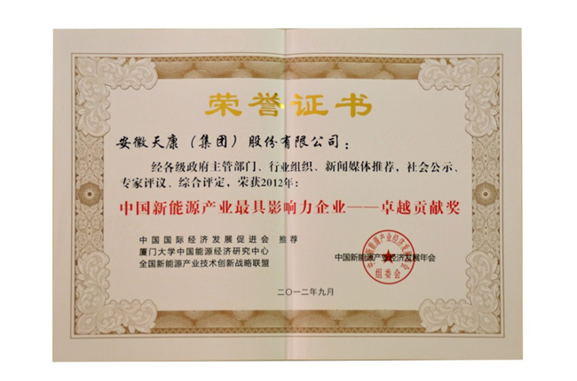 2012中国新能源产业最具影响力企业卓越贡献奖（证书）